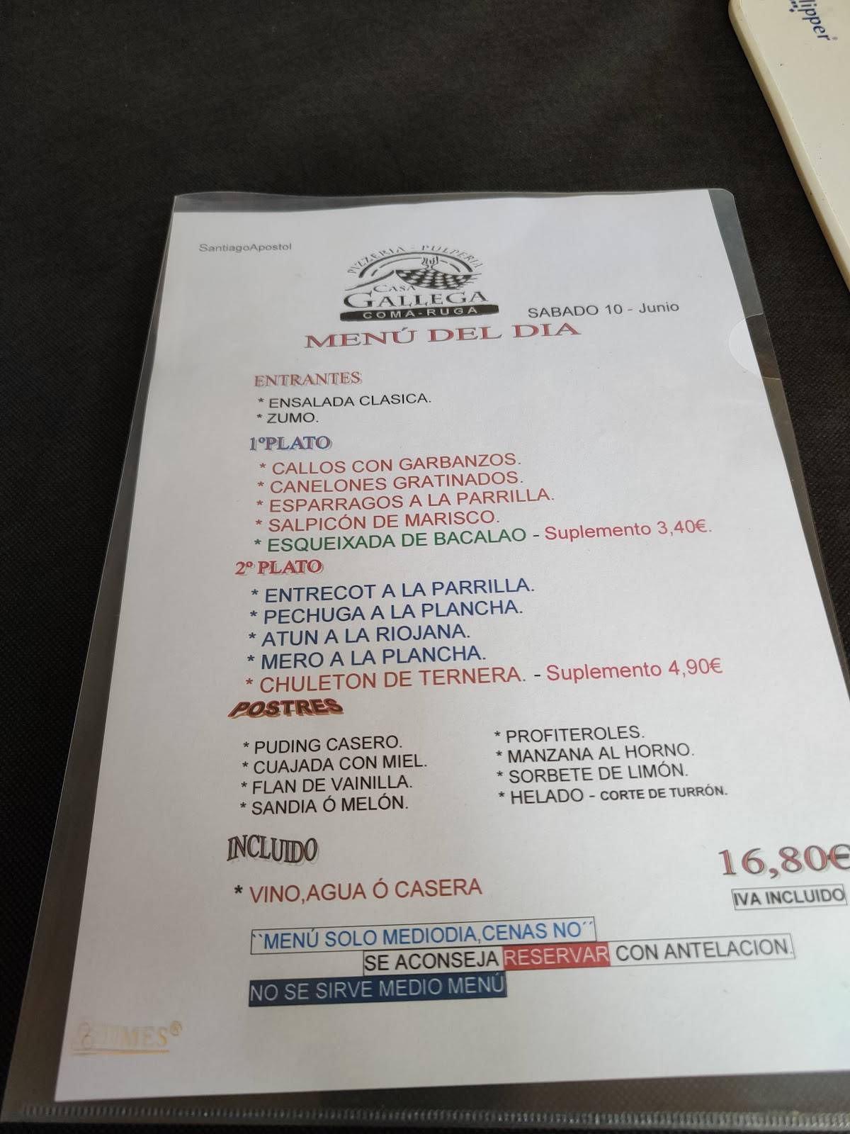 Carta Del Restaurante Casa Gallega Coma Ruga Comarruga