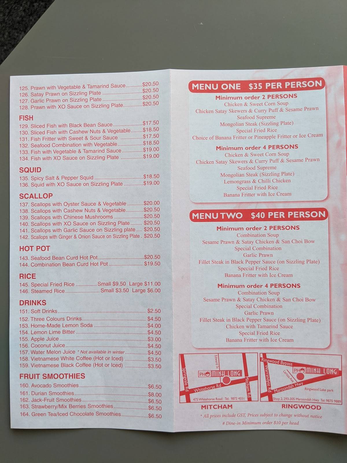 Menu At Pho Minh Long Restaurant Ringwood