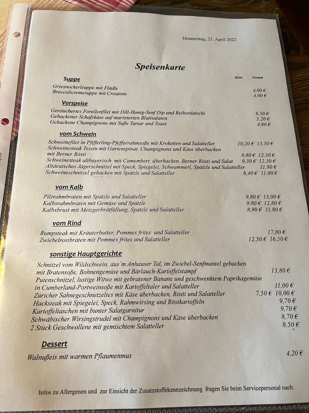 Speisekarte Von Gastst Tte Zur Wilhelmsh He Karl Strehler Restaurant