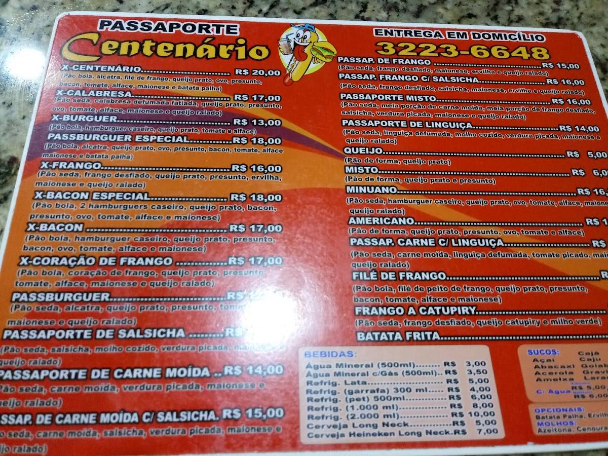 Menu em Passaporte Centenário pub Bar Maceió Avenida Santa Rita de