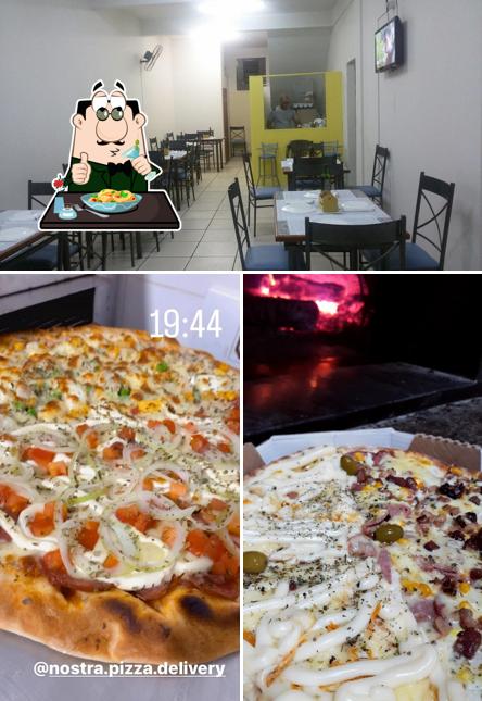 Dê uma olhada a foto ilustrando comida e interior no Nostra Pizza Delivery