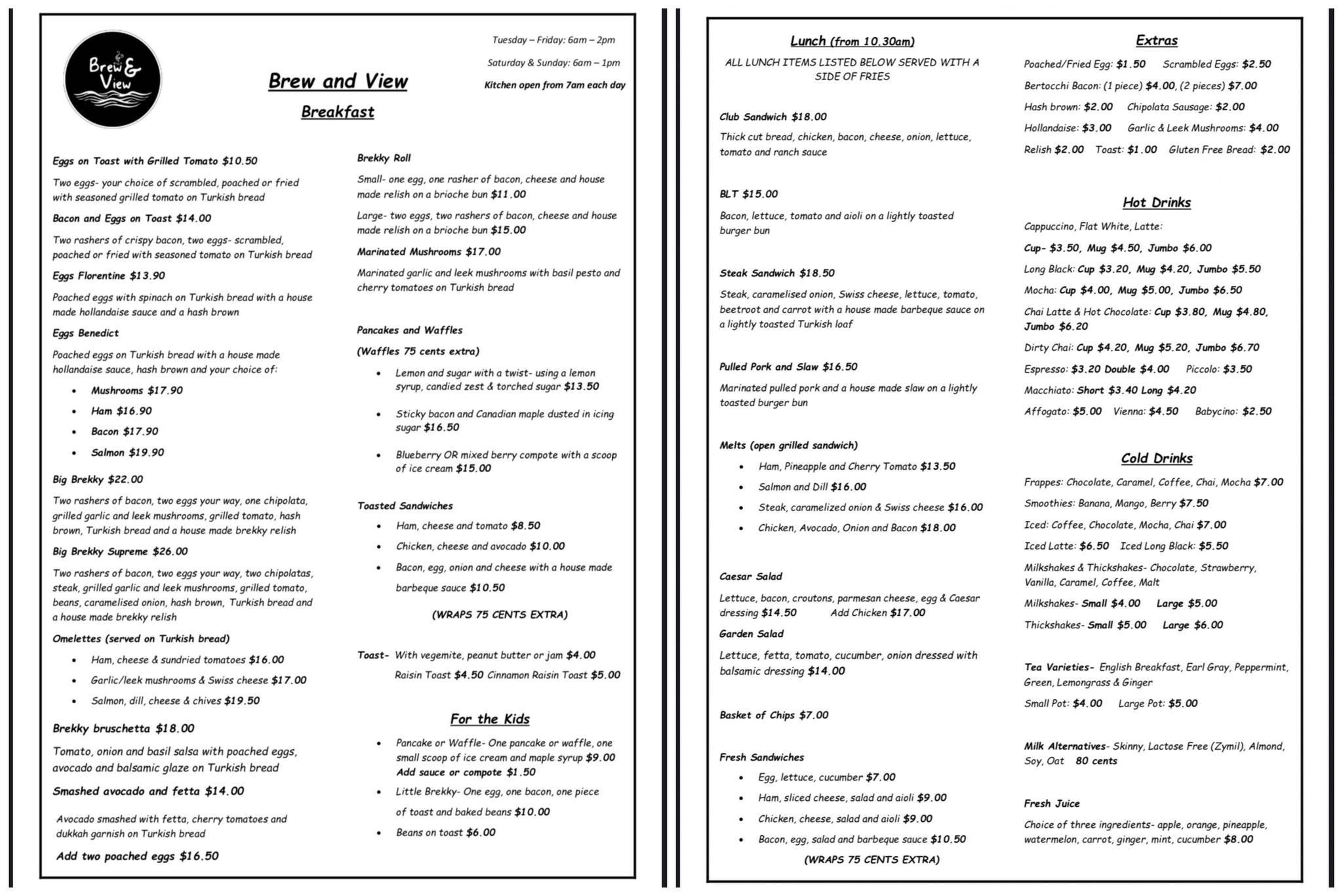 Menu at Brew & View cafe, Point Vernon