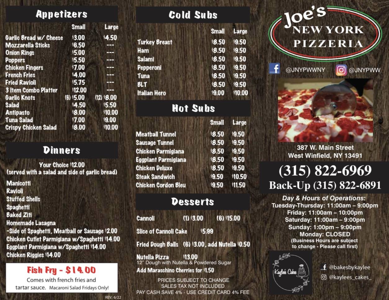 Menu at Joe’s New York Pizzeria, West Winfield