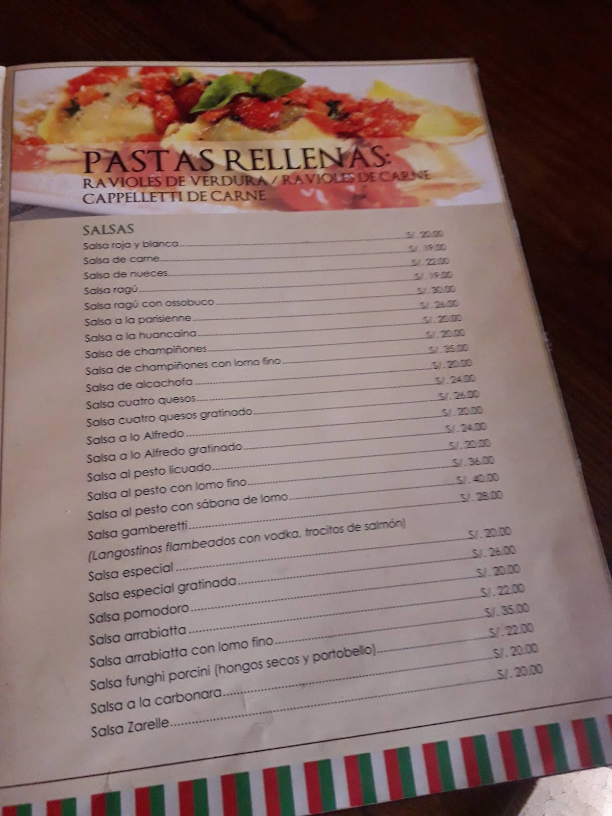 Carta de Pizzería Zarelle, Magdalena del Mar, Jr. Cuzco 471