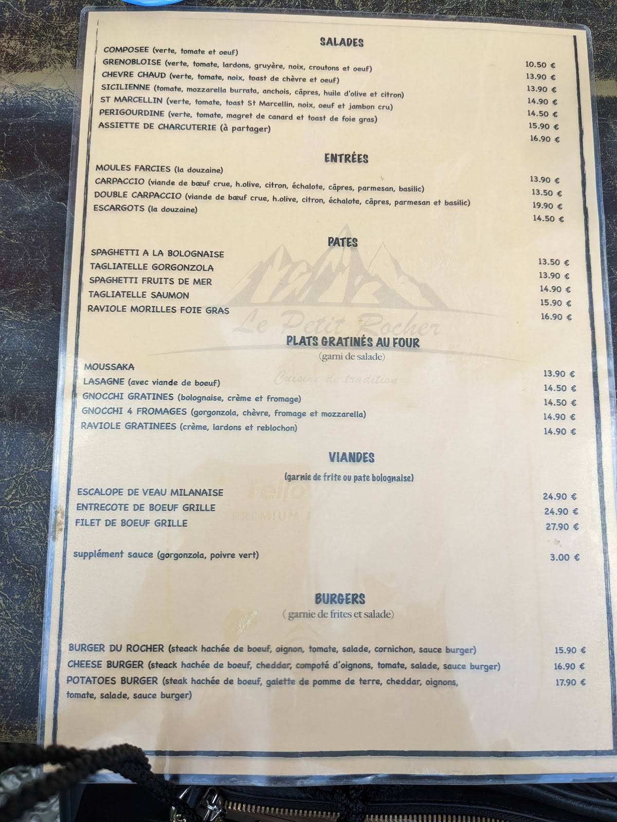 Menu au Pizzeria Le Petit Rocher, Grenoble