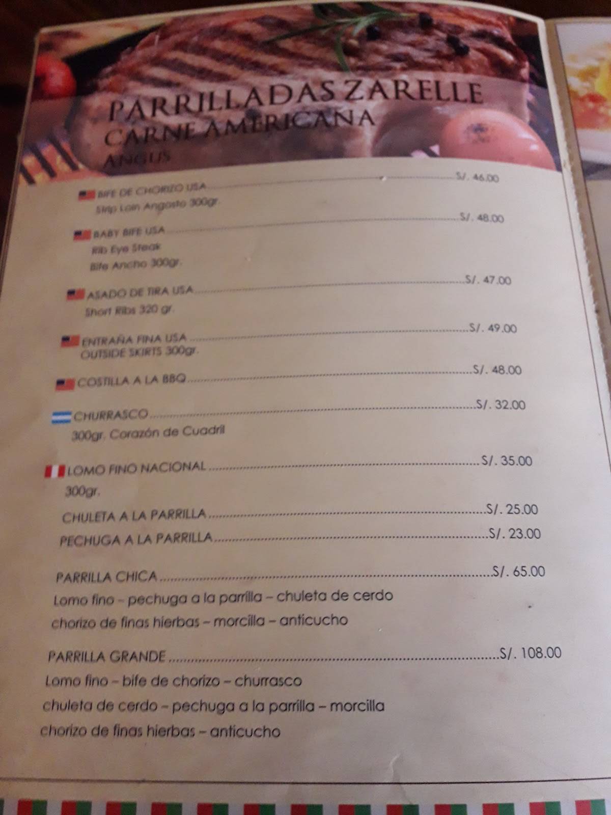 Carta de Pizzería Zarelle, Magdalena del Mar, Jr. Cuzco 471