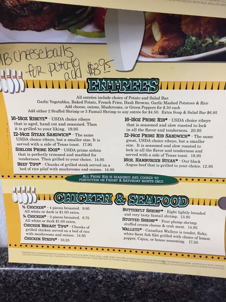 Menu at The Bowling Alley pizzeria, Odebolt