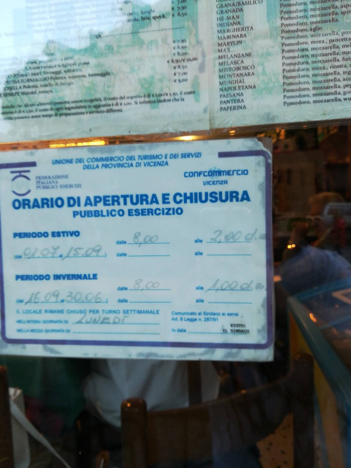 Carta de Pizzeria Ristorante Stella d'Oro, Asiago