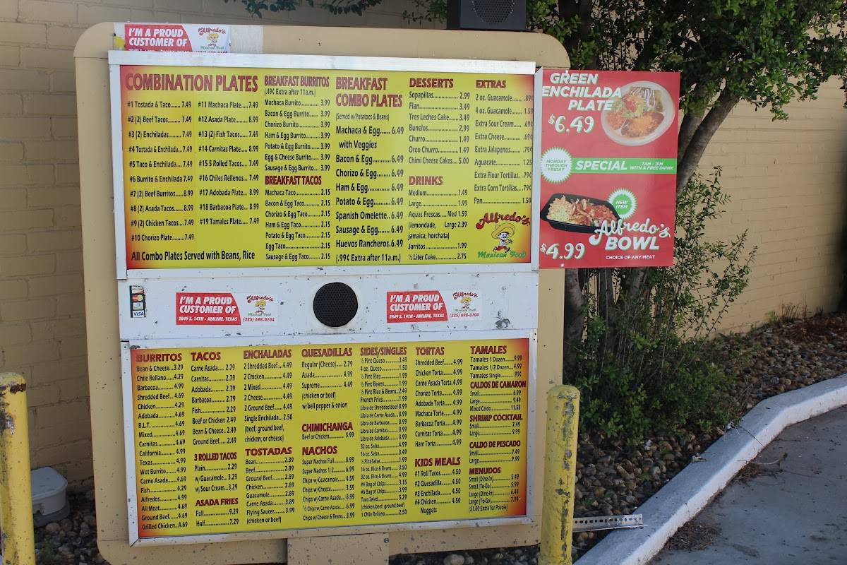 Menu at Alfredo's Méxican Food restaurant, Abilene, S 14th St