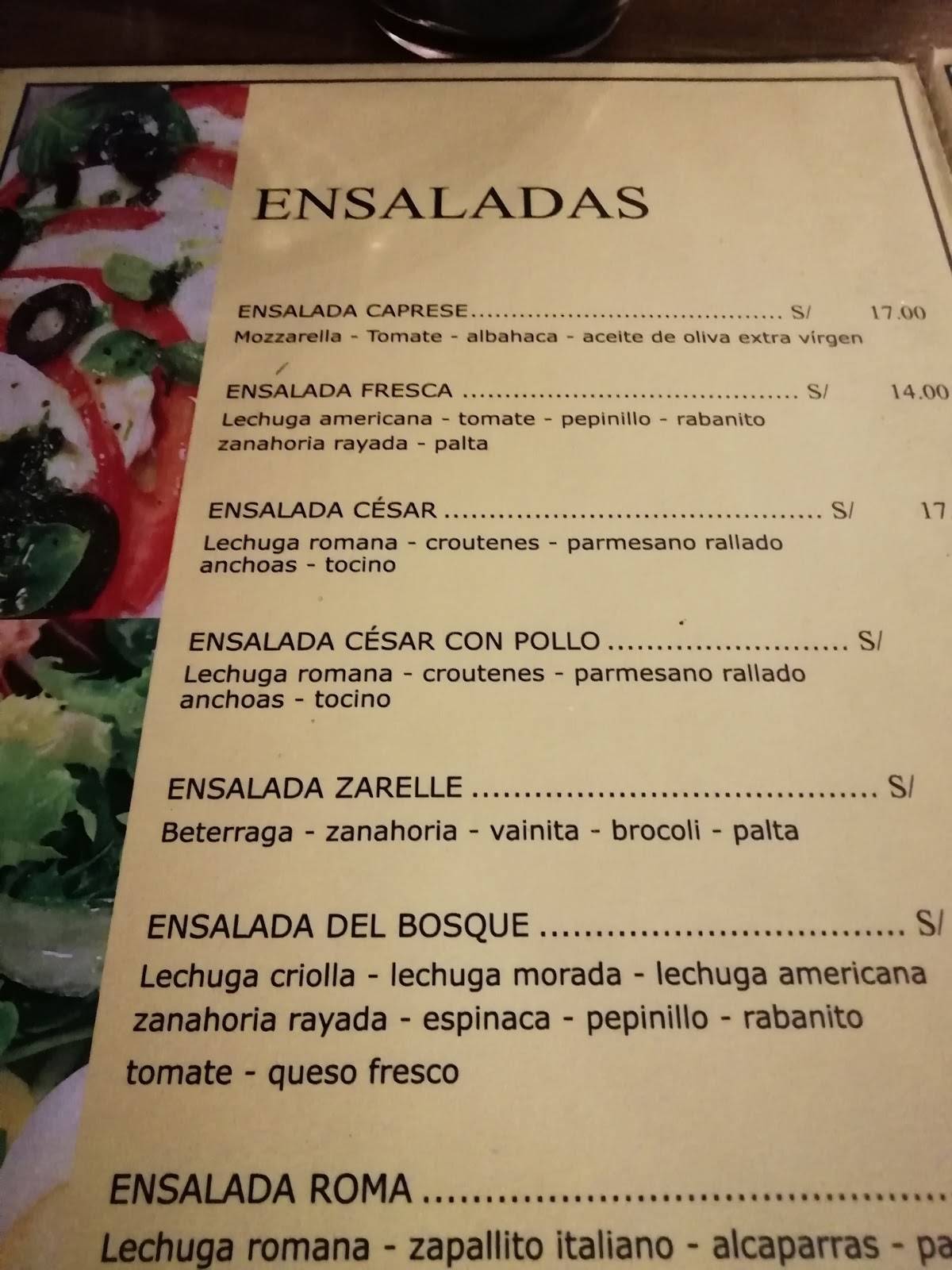 Carta de Pizzería Zarelle, Magdalena del Mar, Jr. Cuzco 471