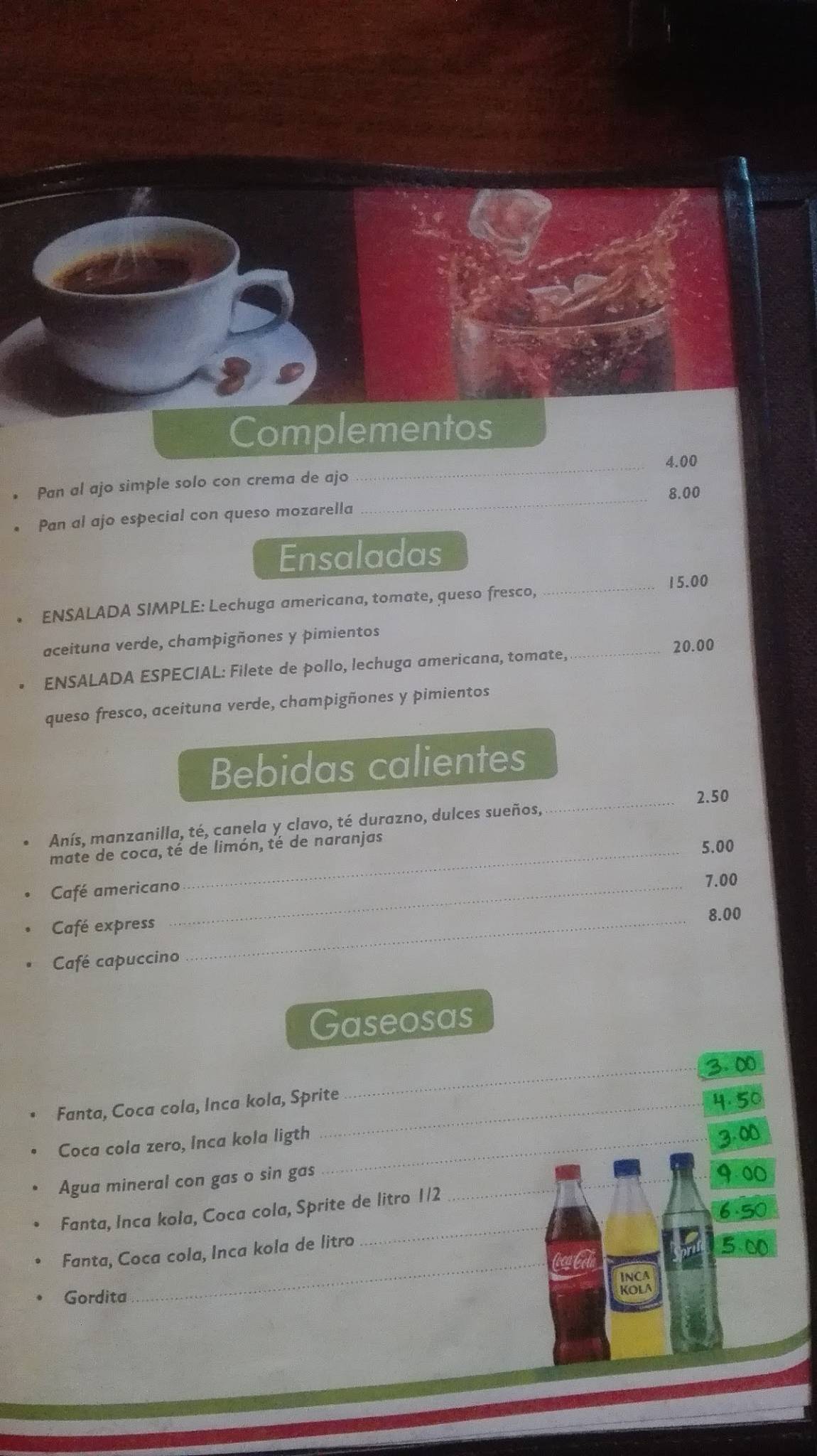 Carta de Pizzería Zarelle, Magdalena del Mar, Jr. Cuzco 471