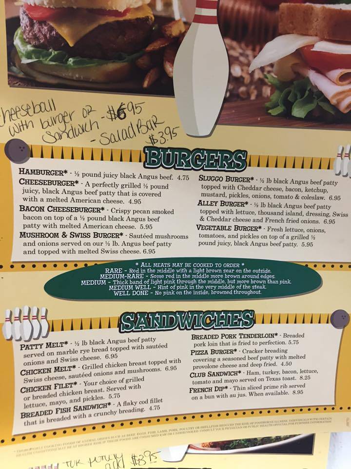 Menu at The Bowling Alley pizzeria, Odebolt