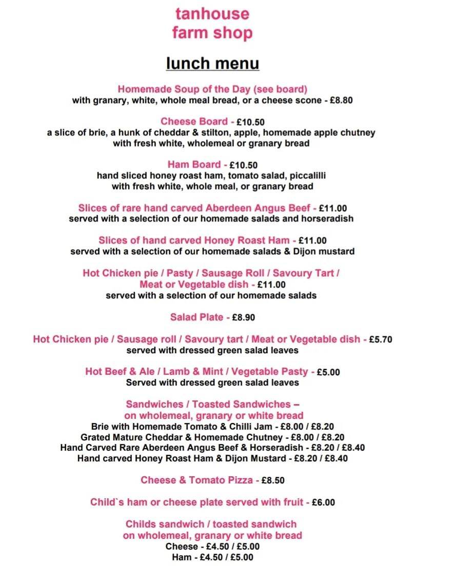 Menu at Tanhouse Farm Shop cafe, Newdigate
