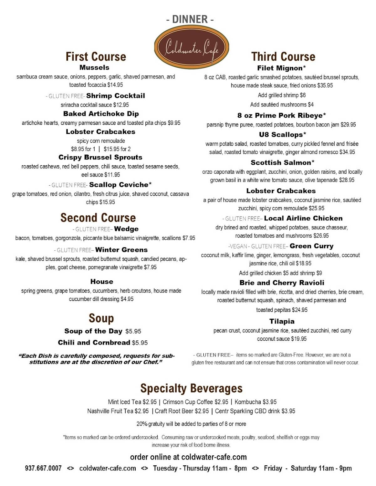 Menu at Coldwater Café restaurant, Tipp City