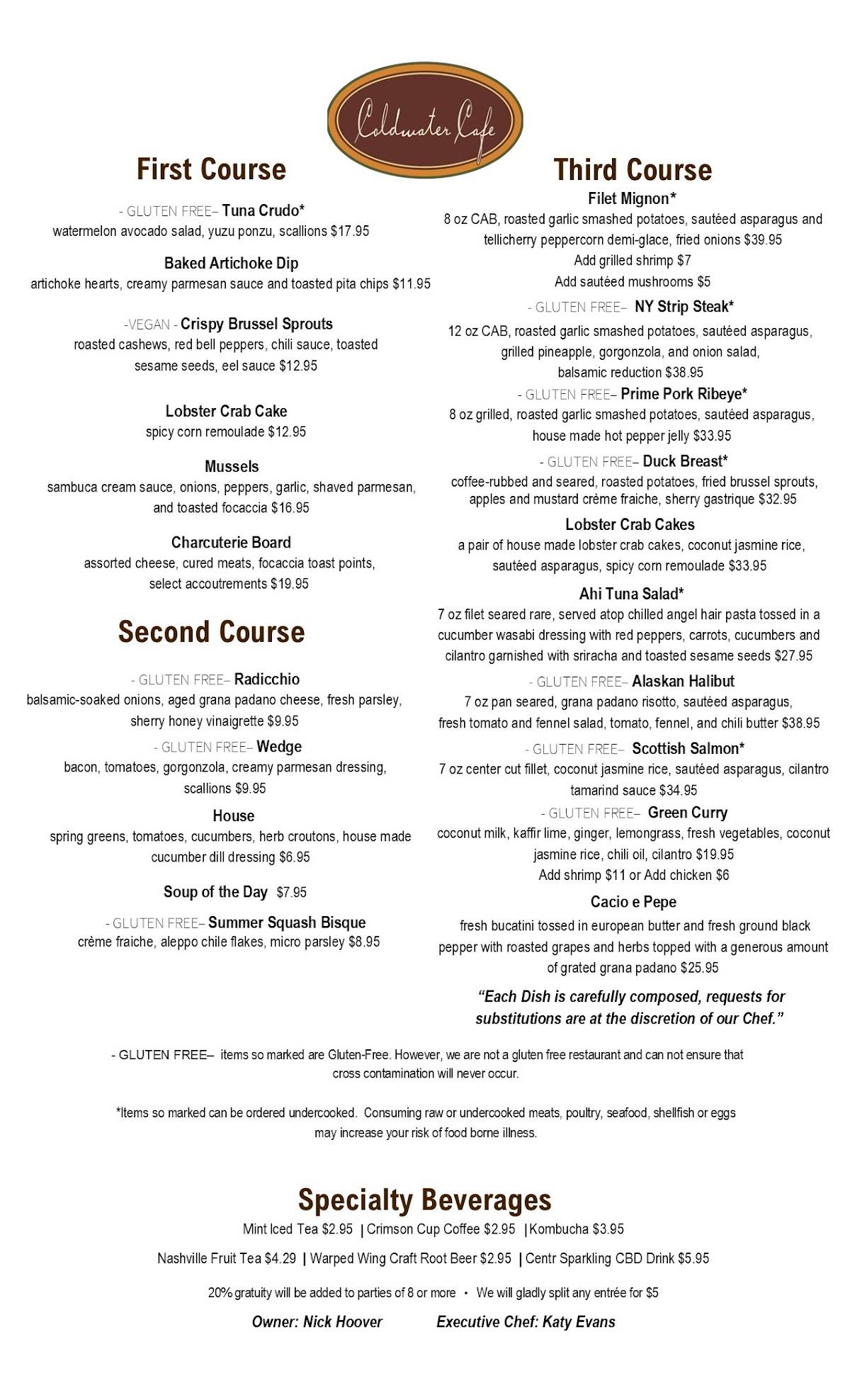 Menu at Coldwater Café restaurant, Tipp City