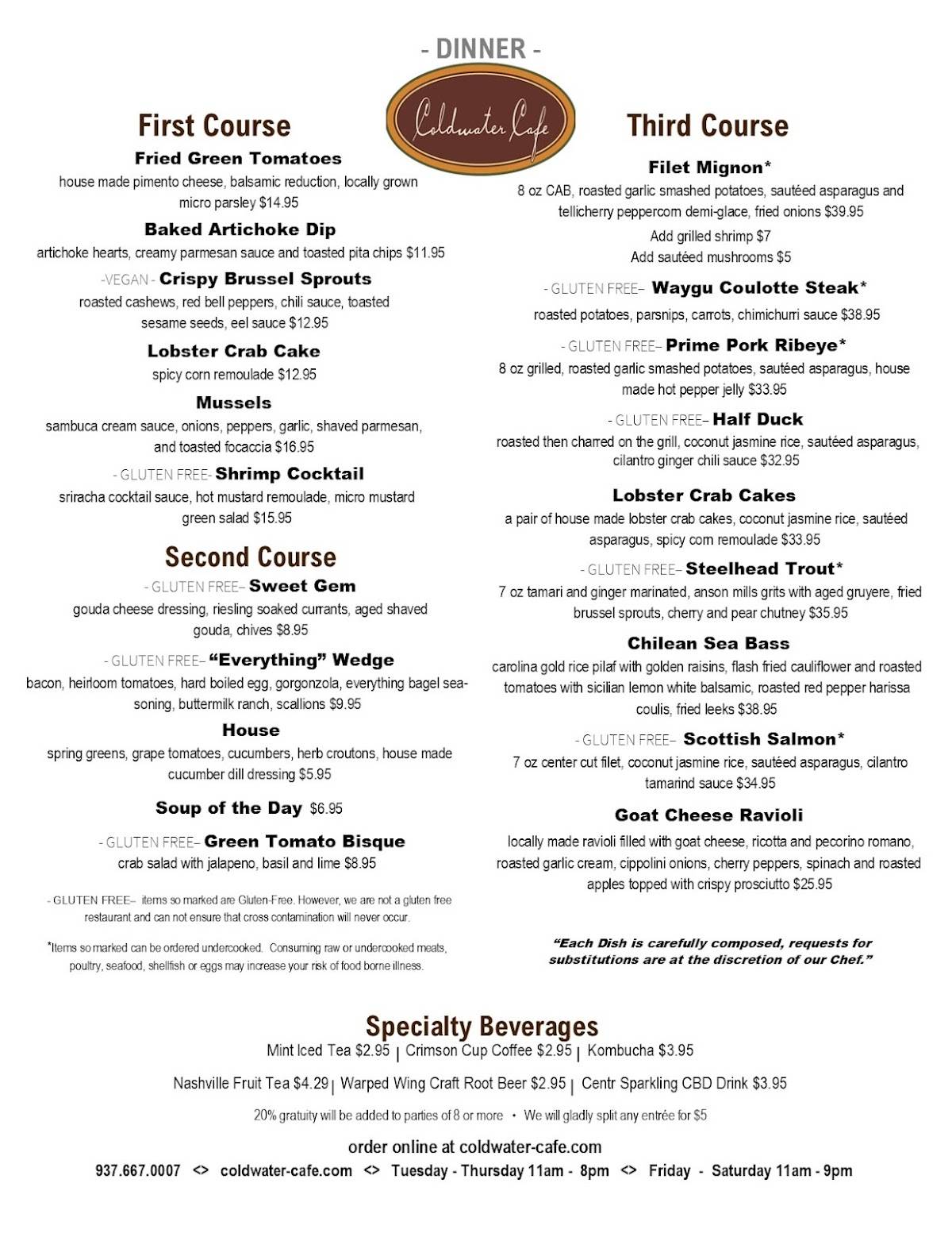 Menu at Coldwater Café restaurant, Tipp City