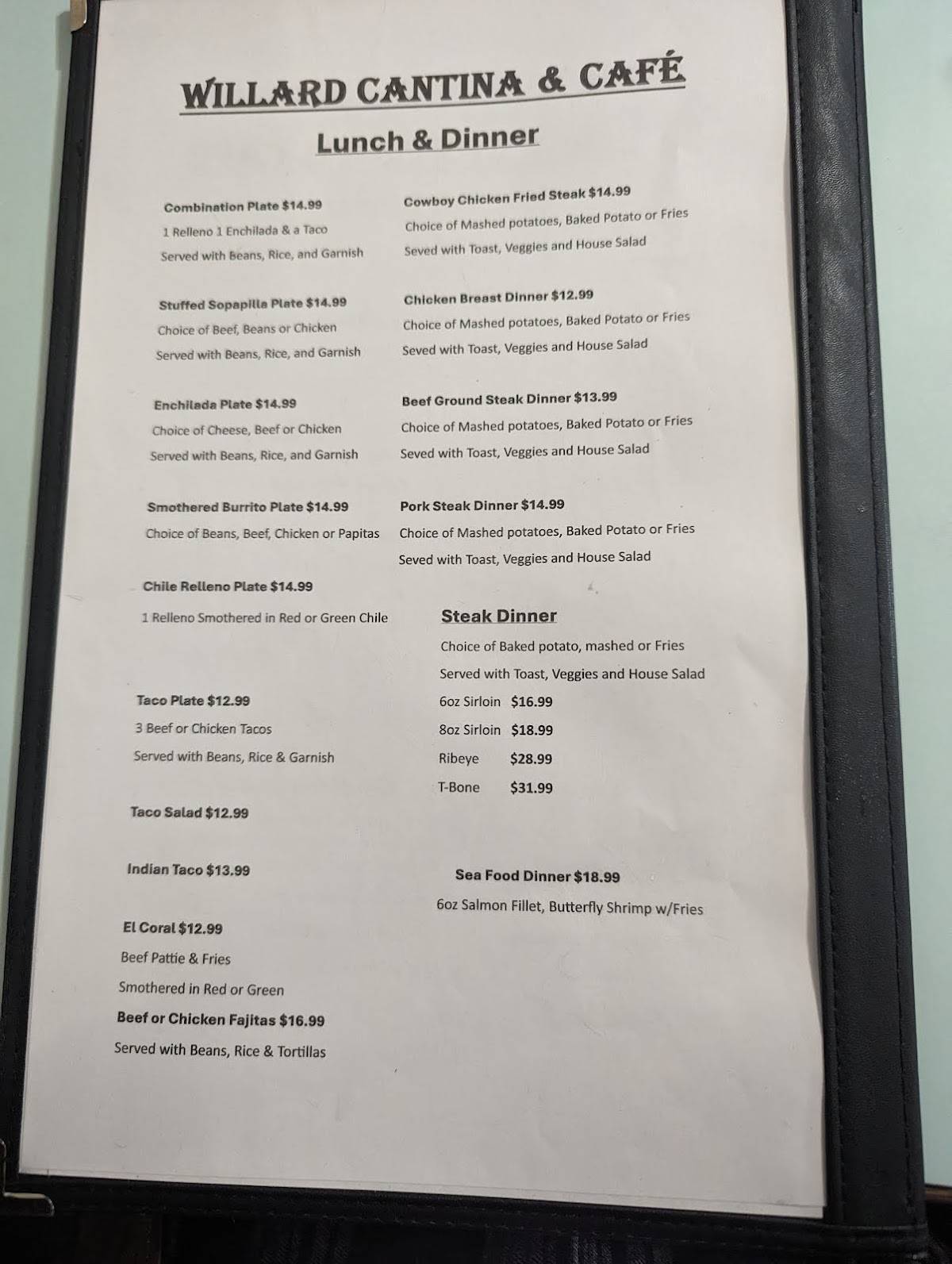 Menu at Willard Cantina & Cafe, Willard