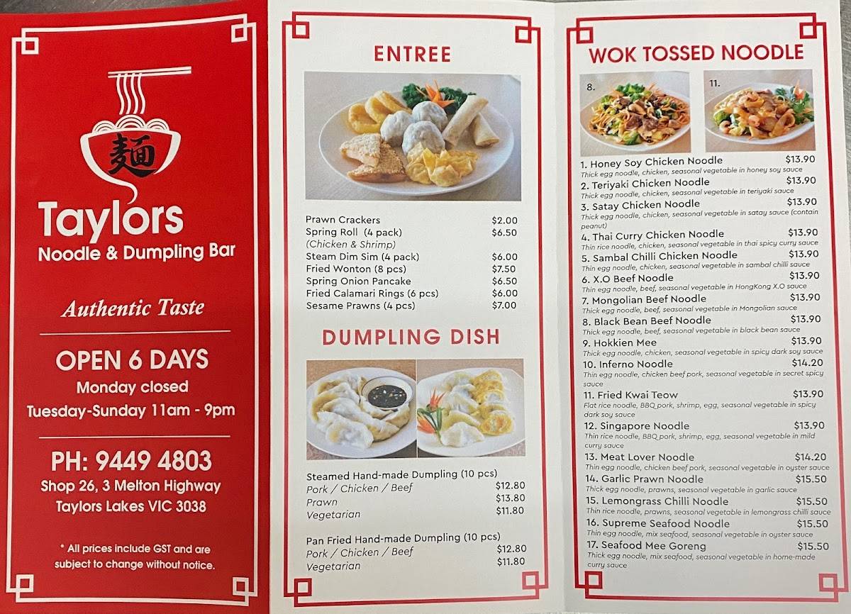 Menu at Taylors Noodle and Dumpling Bar, Taylors Lakes