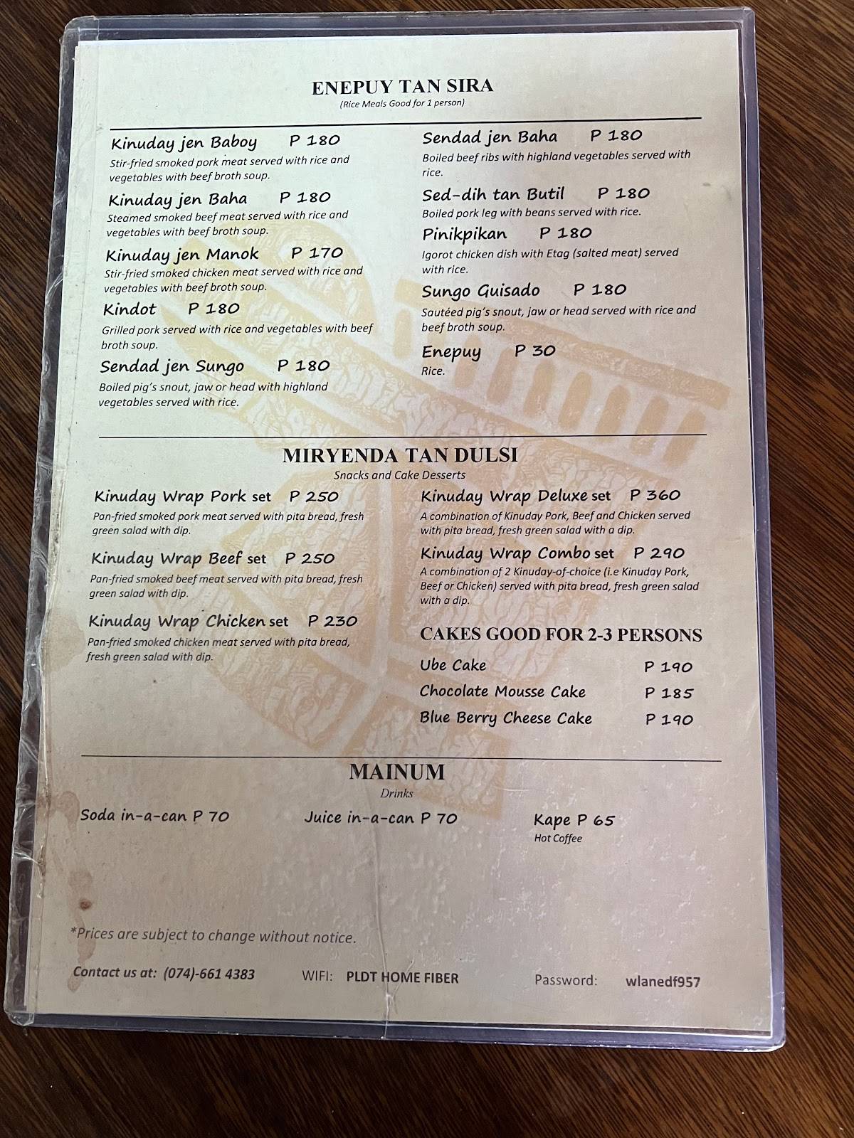 Menu at The Farmer's Daughter Restaurant, Baguio