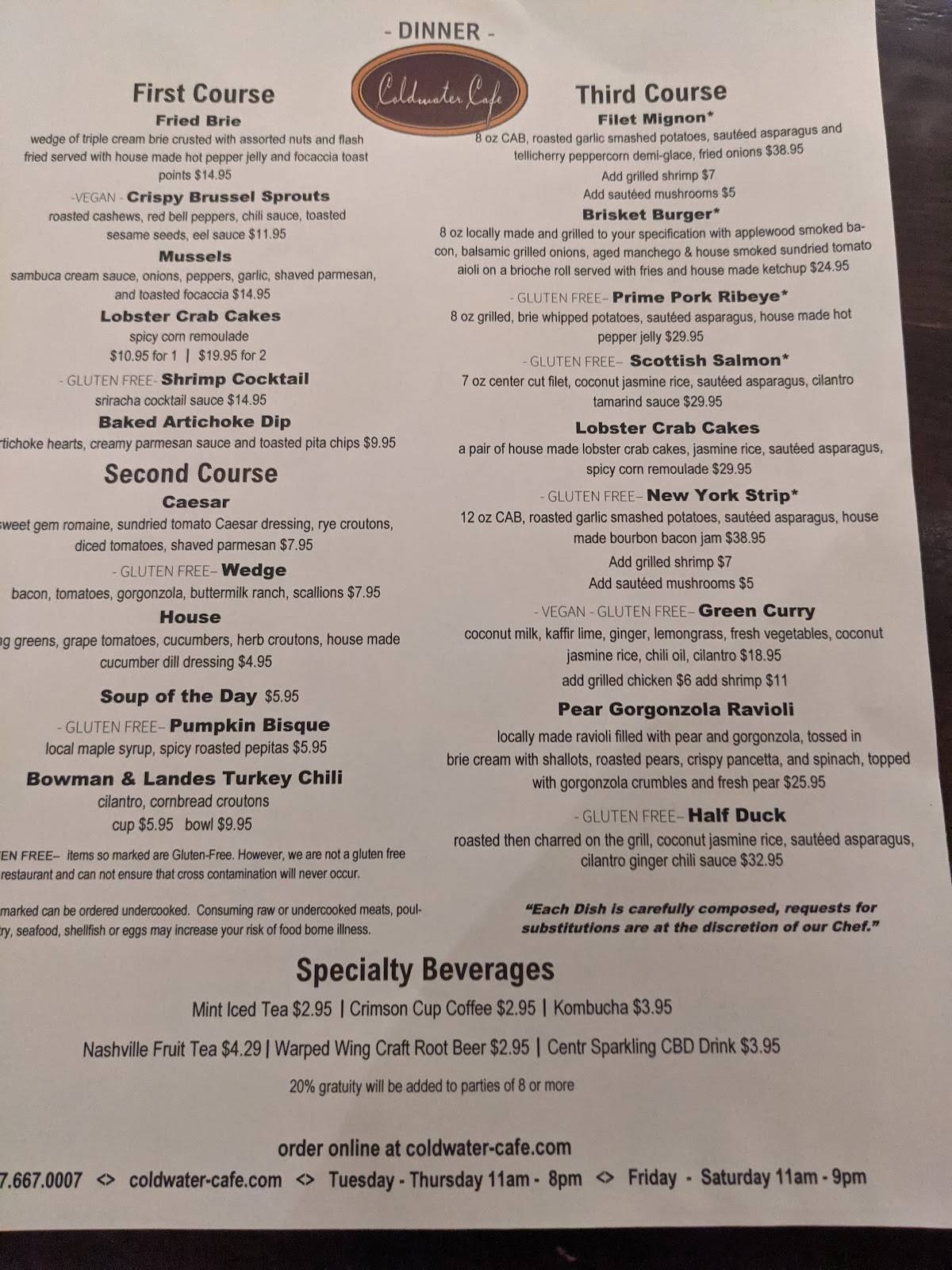 Menu at Coldwater Café restaurant, Tipp City