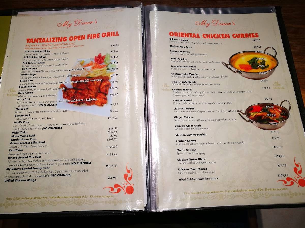 Menu at My Diners Beachfront restaurant, Durban, 139 Lower Drive Marine
