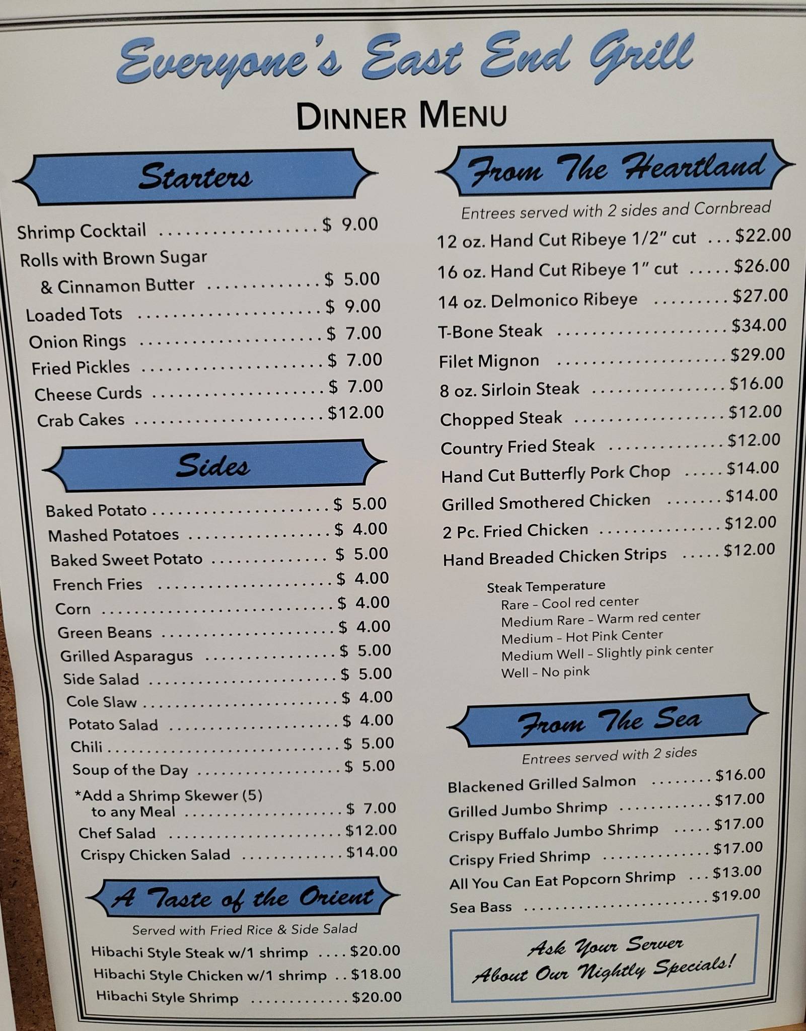 Menu at Everyone's East End Grill restaurant, Decatur, 910 S Airport Rd