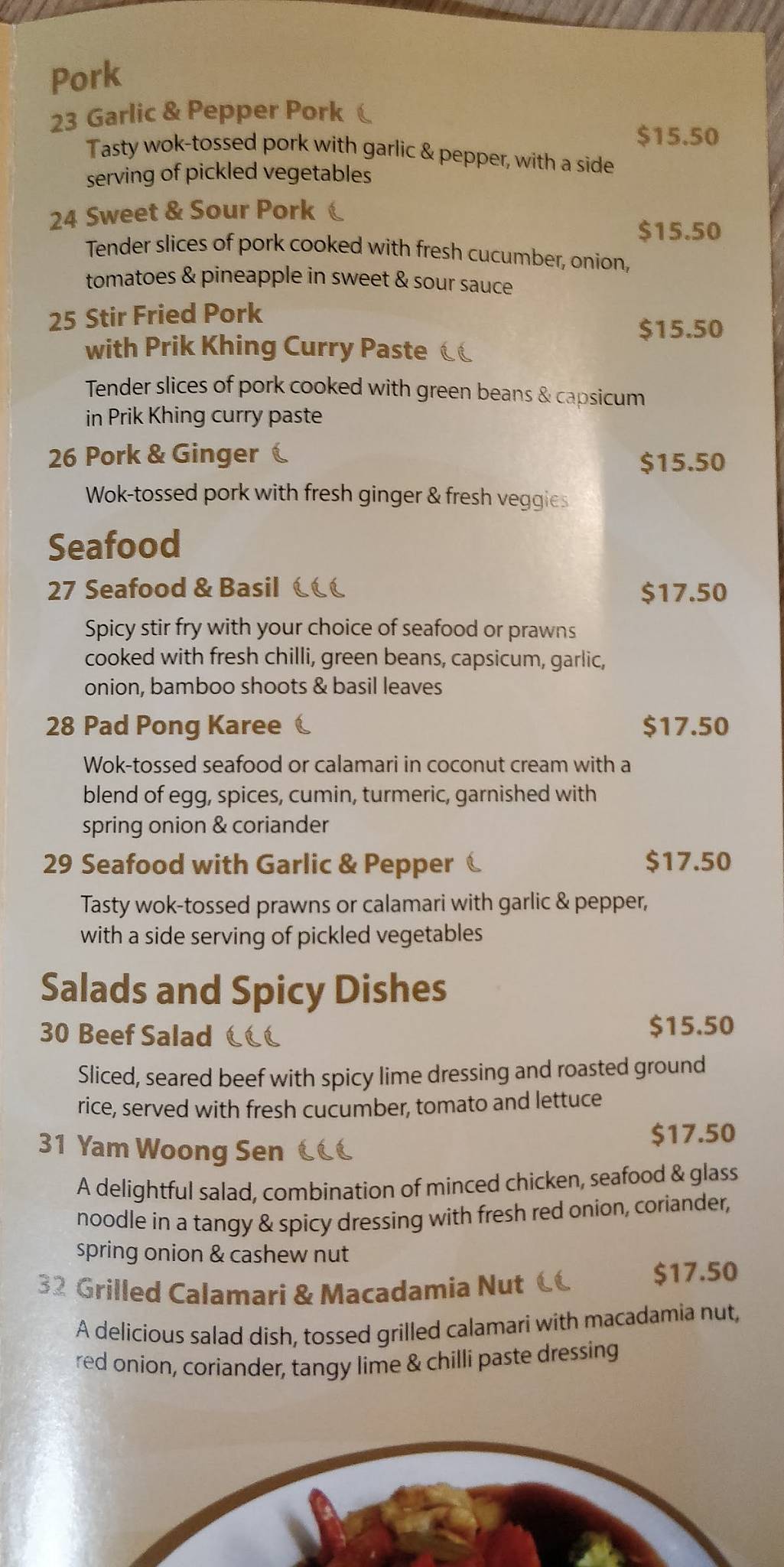 Menu at Garland Thai restaurant, Cashmere