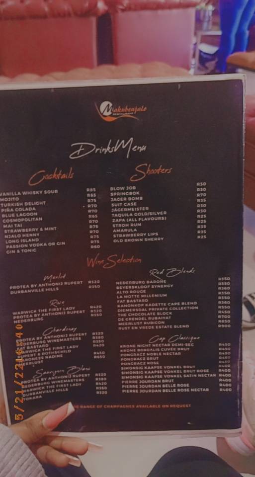 Menu at Makubenjalo Pub and Restuarant, South Africa