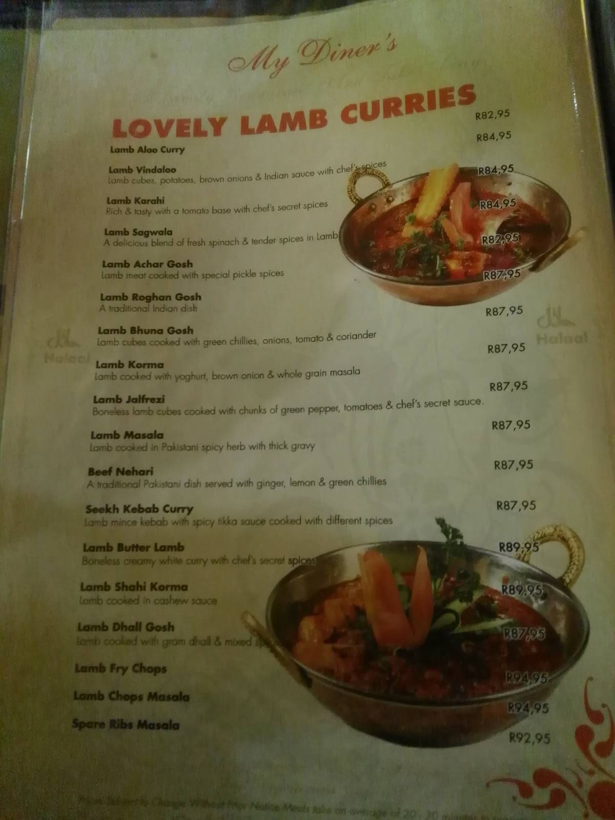 Menu at My Diners Beachfront restaurant, Durban, 139 Lower Drive Marine