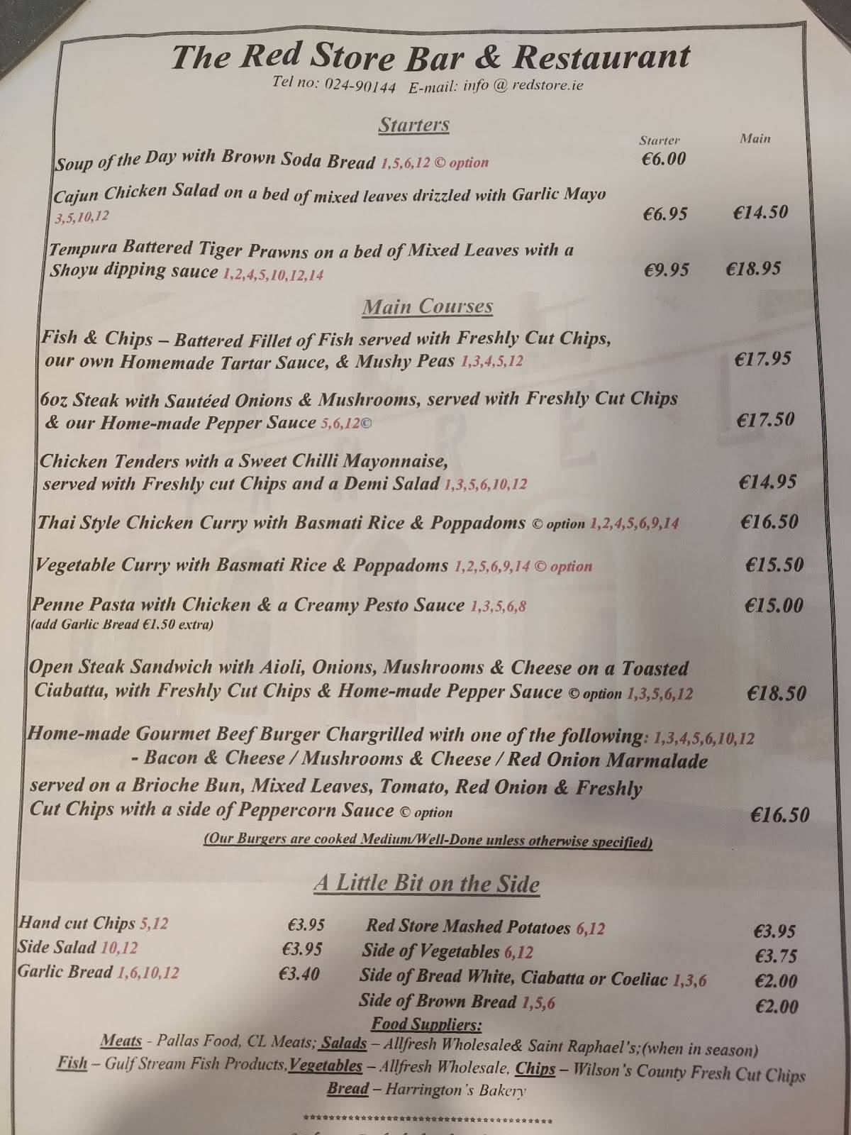 Menu at The Red Store, Bar & Restaurant, Youghal