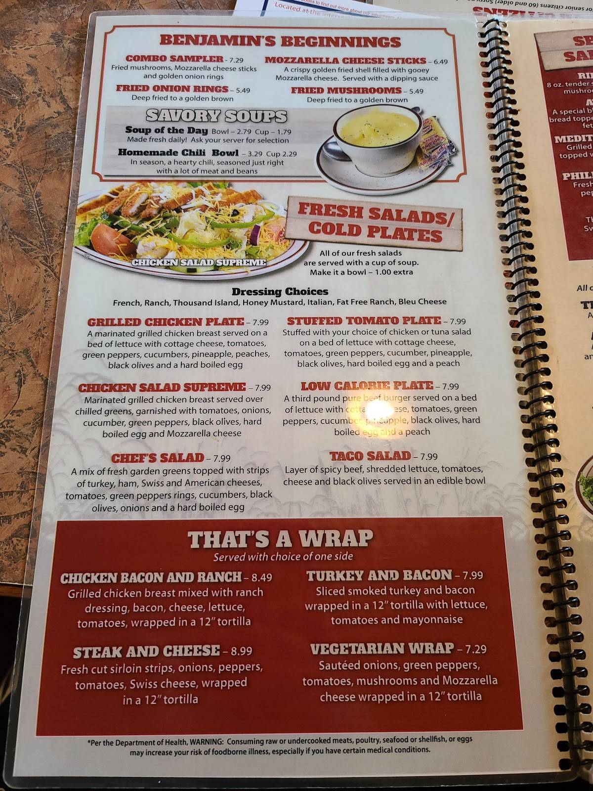 Menu at Benjamin's Restaurant, Covington