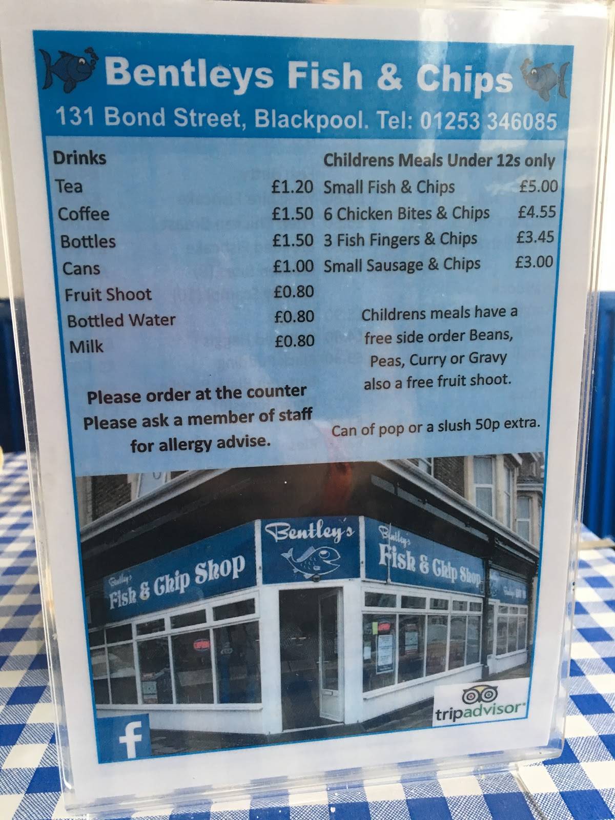 Menu at Bentley's Fish & Chip Shop restaurant, Blackpool