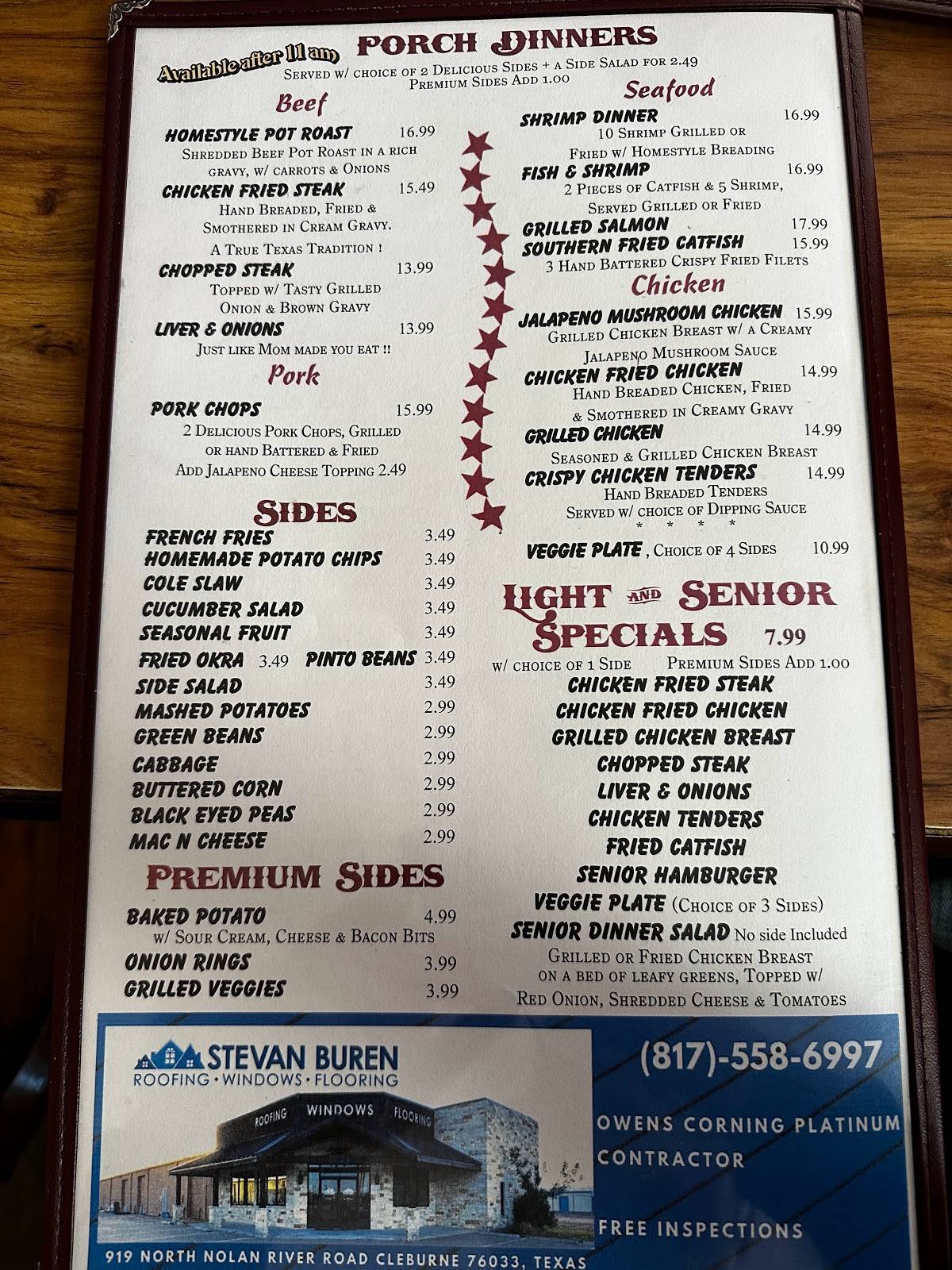 Menu at The Porch restaurant, Burleson, 140 S Wilson St