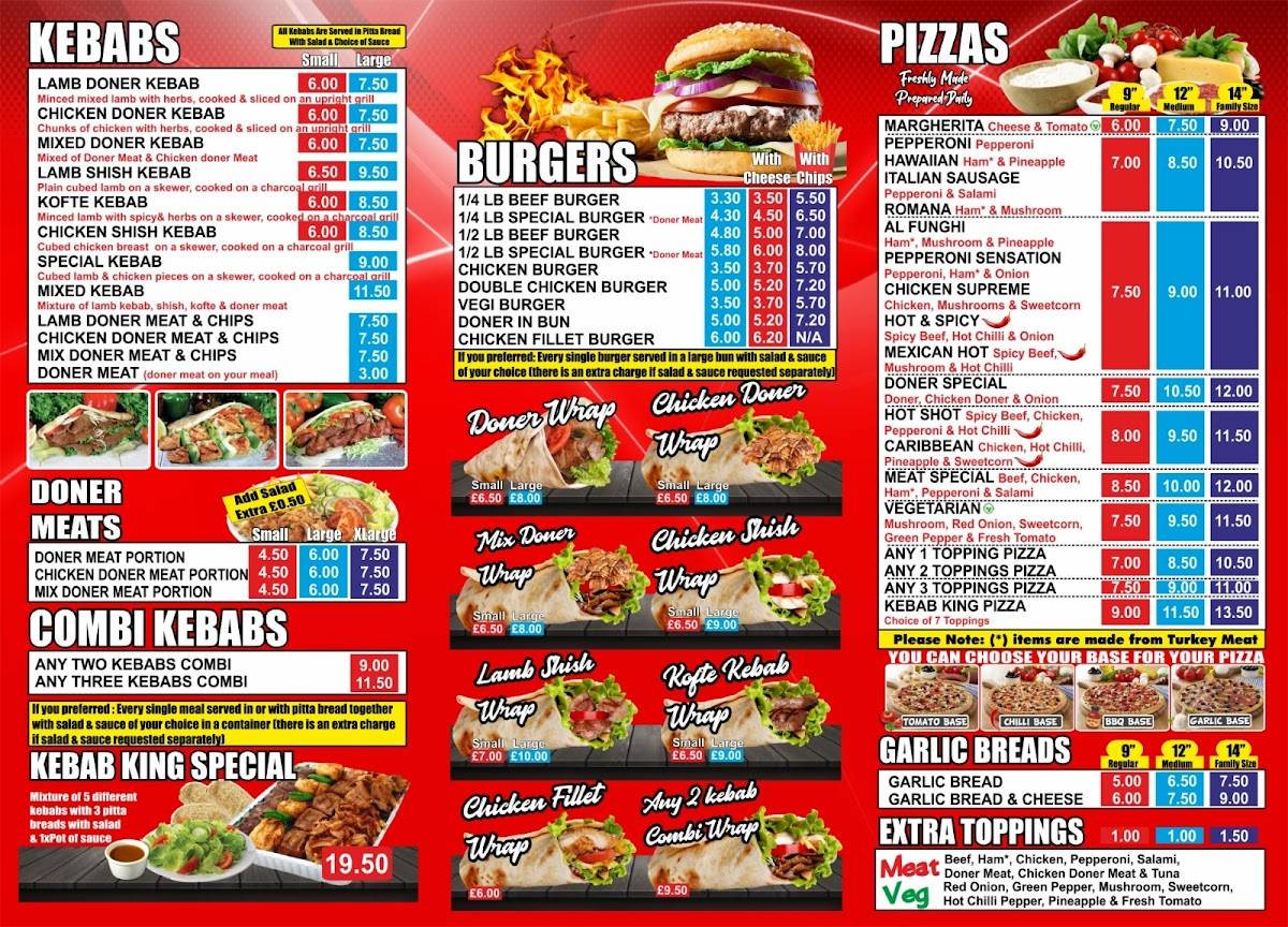 Menu at Harun's Kebab King fast food, Rhyl