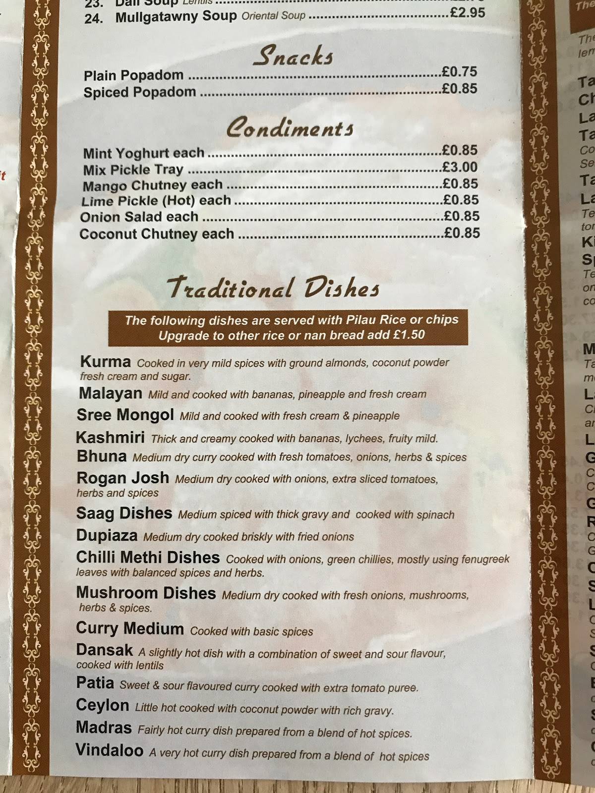 Menu at Raj Mohal restaurant, Louth