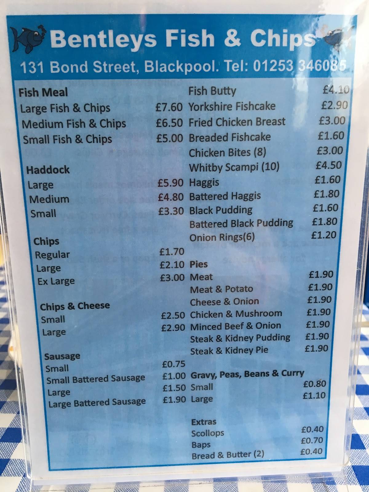 Menu at Bentley's Fish & Chip Shop restaurant, Blackpool