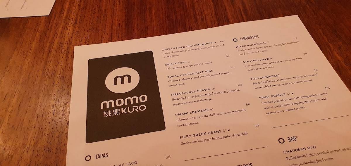 Menu at Momo Kuro restaurant, Johannesburg