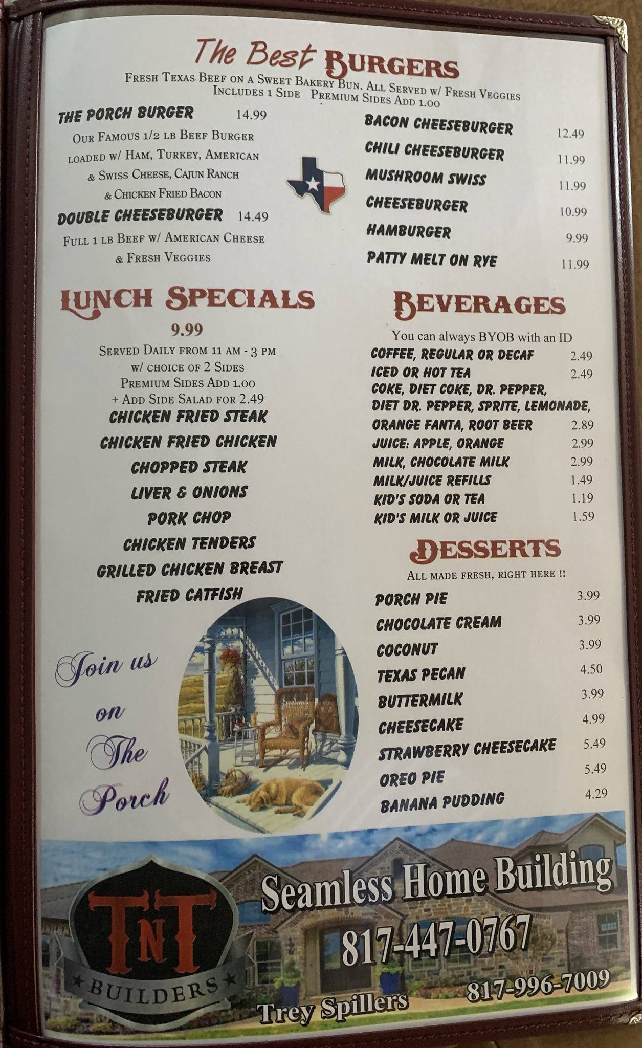 Menu at The Porch restaurant, Burleson, 140 S Wilson St