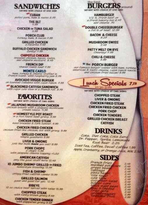 Menu at The Porch restaurant, Burleson, 140 S Wilson St