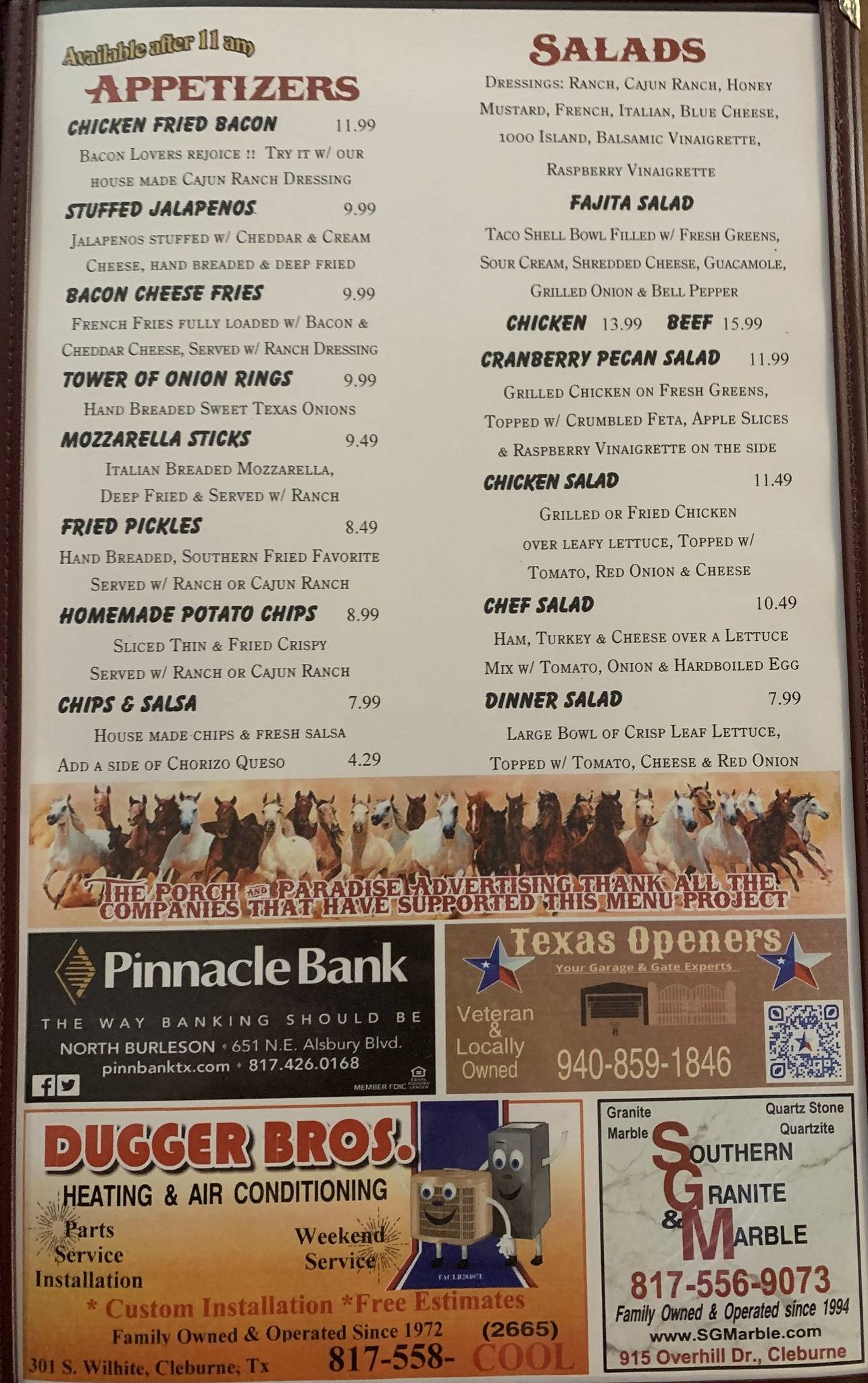 Menu at The Porch restaurant, Burleson, 140 S Wilson St