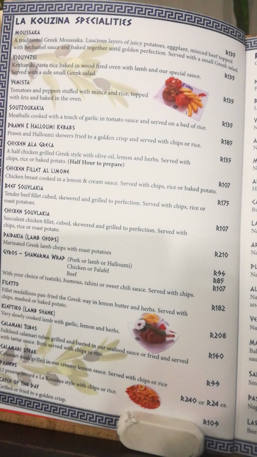 Menu at LA KOUZINA restaurant, Port Elizabeth