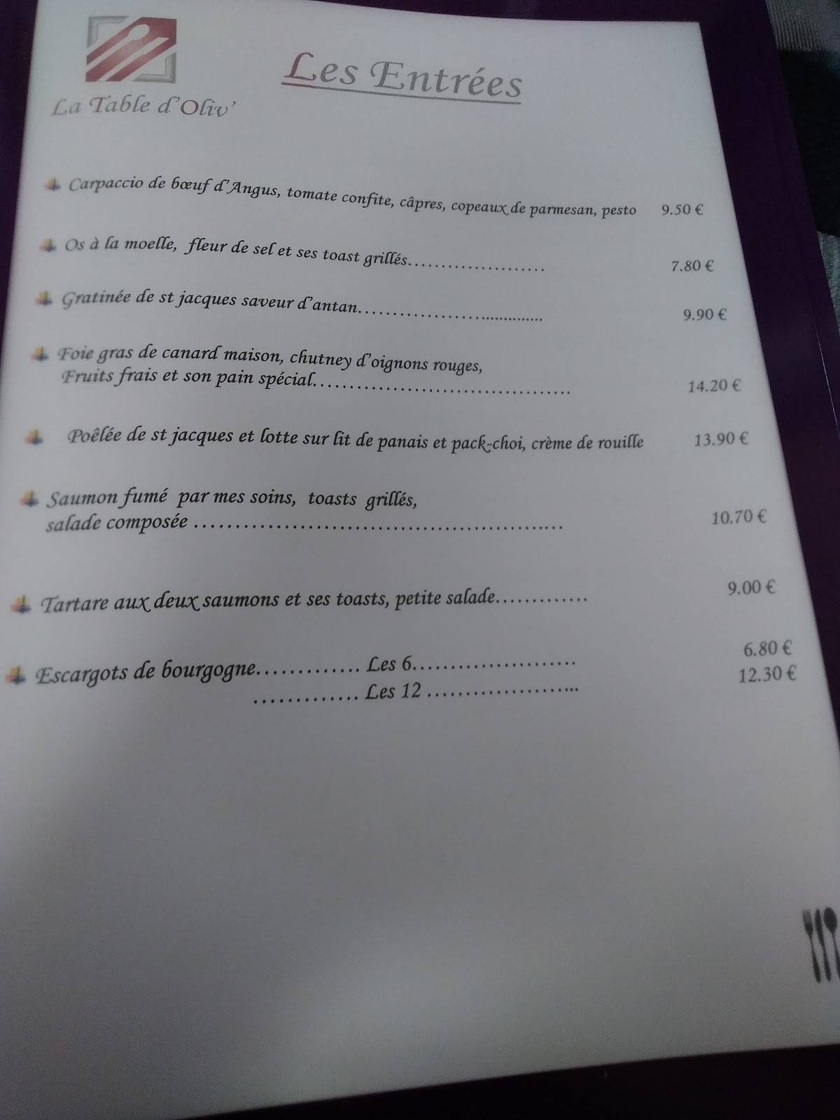 Menu au LA TABLE D'OLIV restaurant, Le Quesnoy