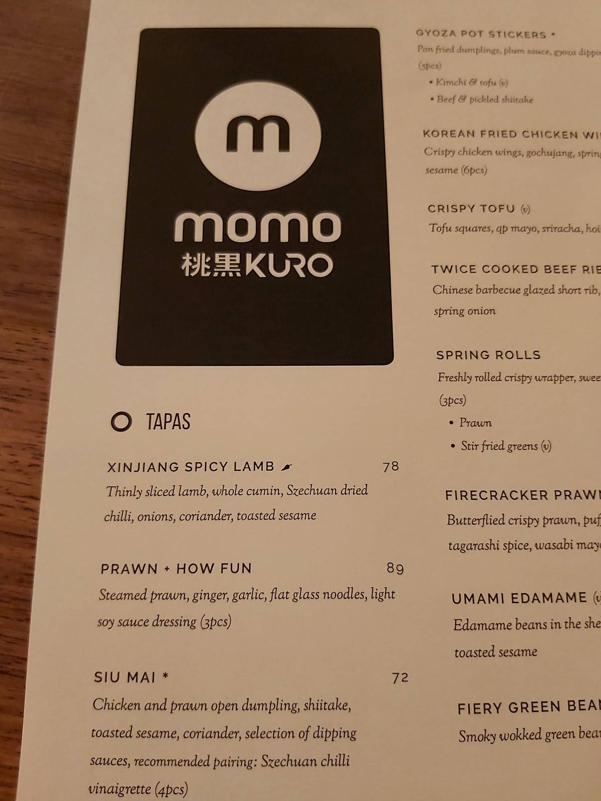 Menu at Momo Kuro restaurant, Johannesburg