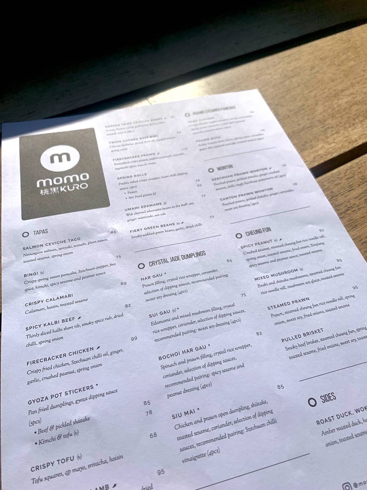 Menu at Momo Kuro restaurant, Johannesburg