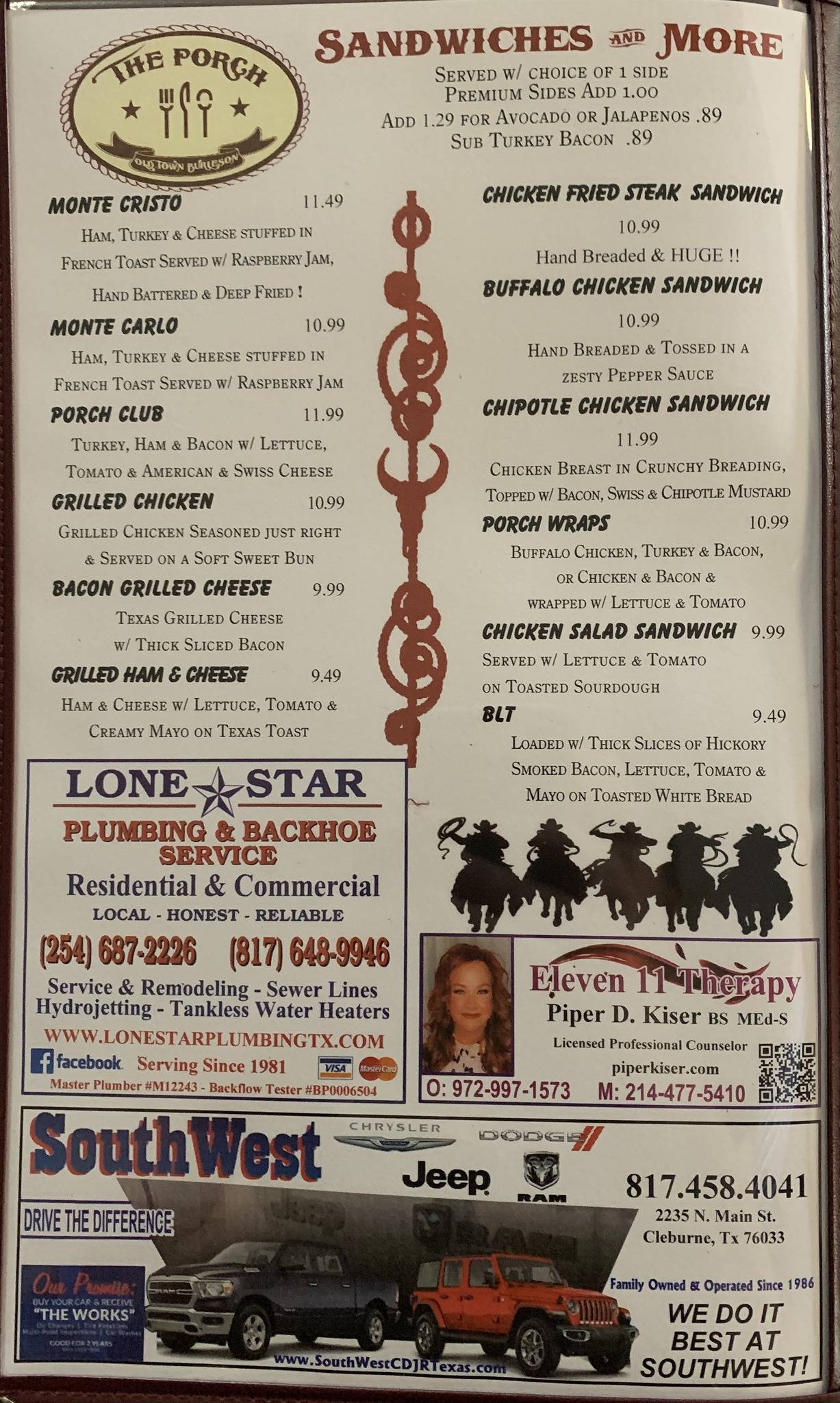 Menu at The Porch restaurant, Burleson, 140 S Wilson St