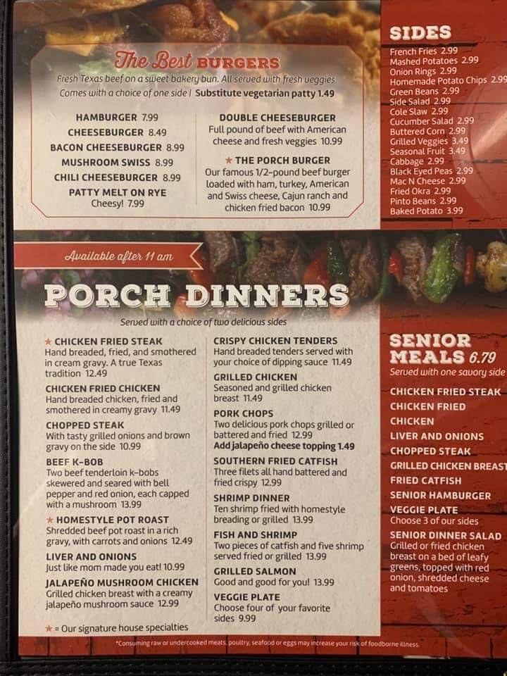 Menu at The Porch restaurant, Burleson, 140 S Wilson St