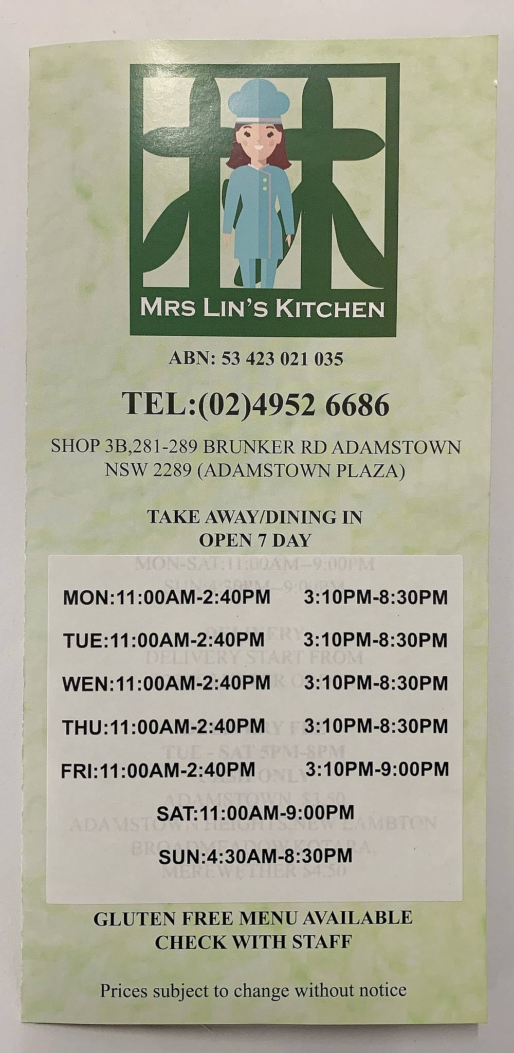 Menu at Mrs Lin's Kitchen restaurant, Adamstown