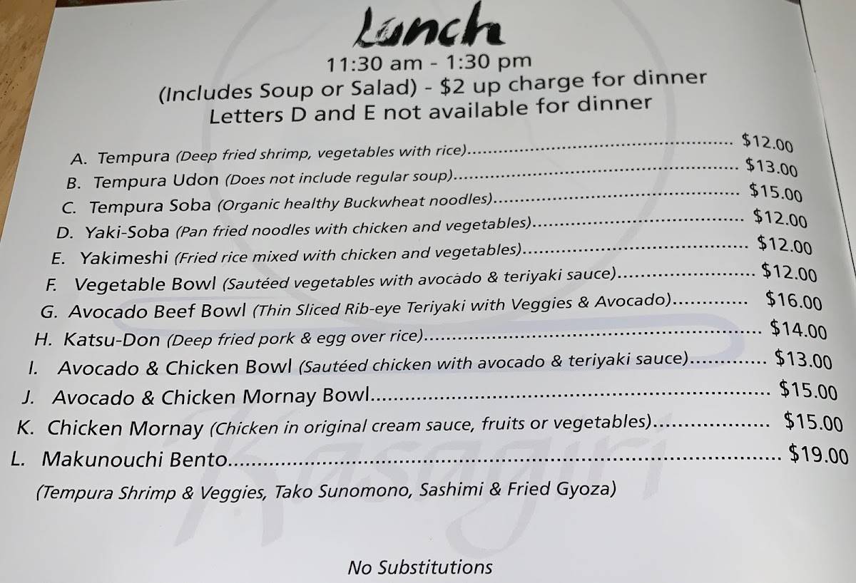 Menu at Kasagiri Restaurant, Tehachapi