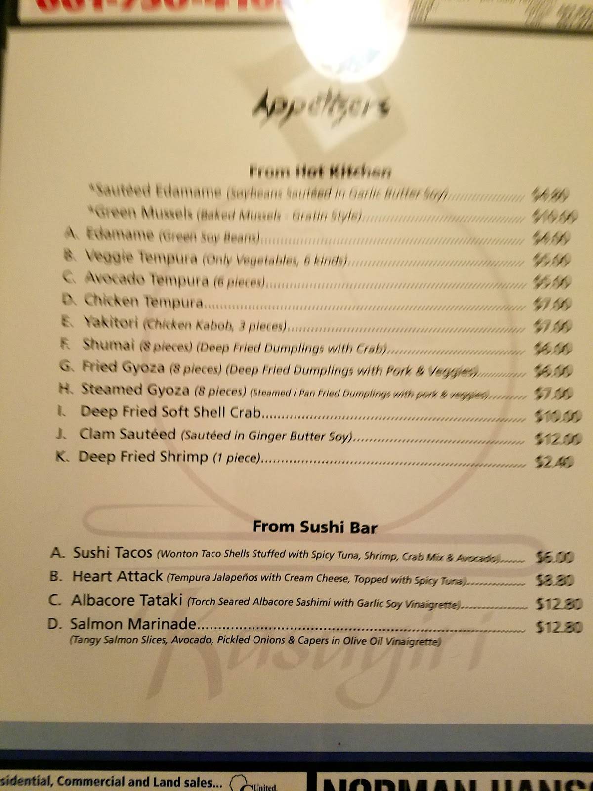 Menu at Kasagiri Restaurant, Tehachapi