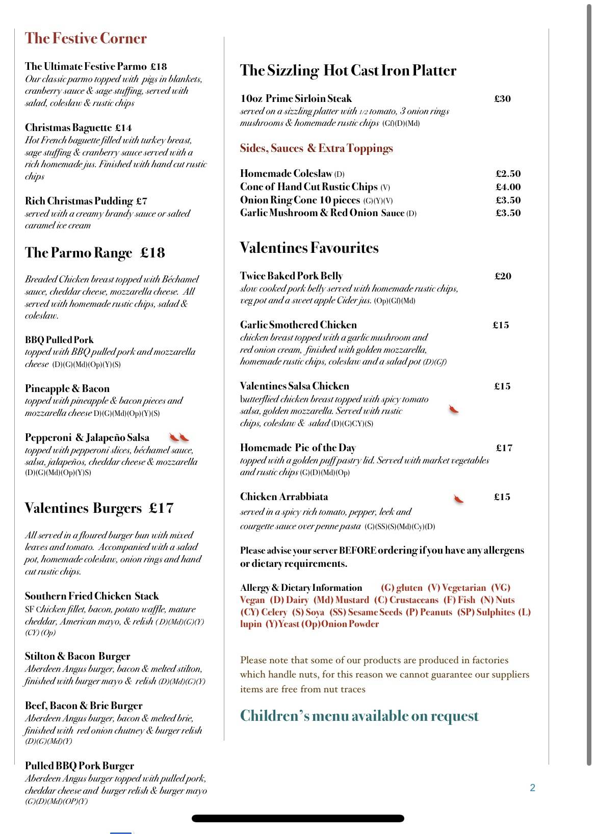 Menu at Valentine's Restaurant, Barnard Castle